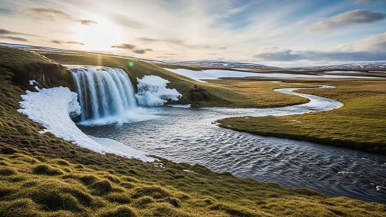 Serene Frozen Waterfall Amidst Lush Greenery and Melting Snow: A Tranquil Landscape Scene Captured at Sunset, Showcasing Nature's Beauty in Vivid Detail