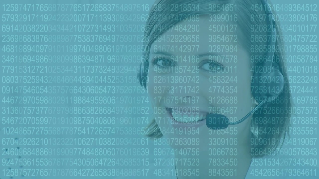 Animation of data processing over caucasian woman using phone headset working in call center