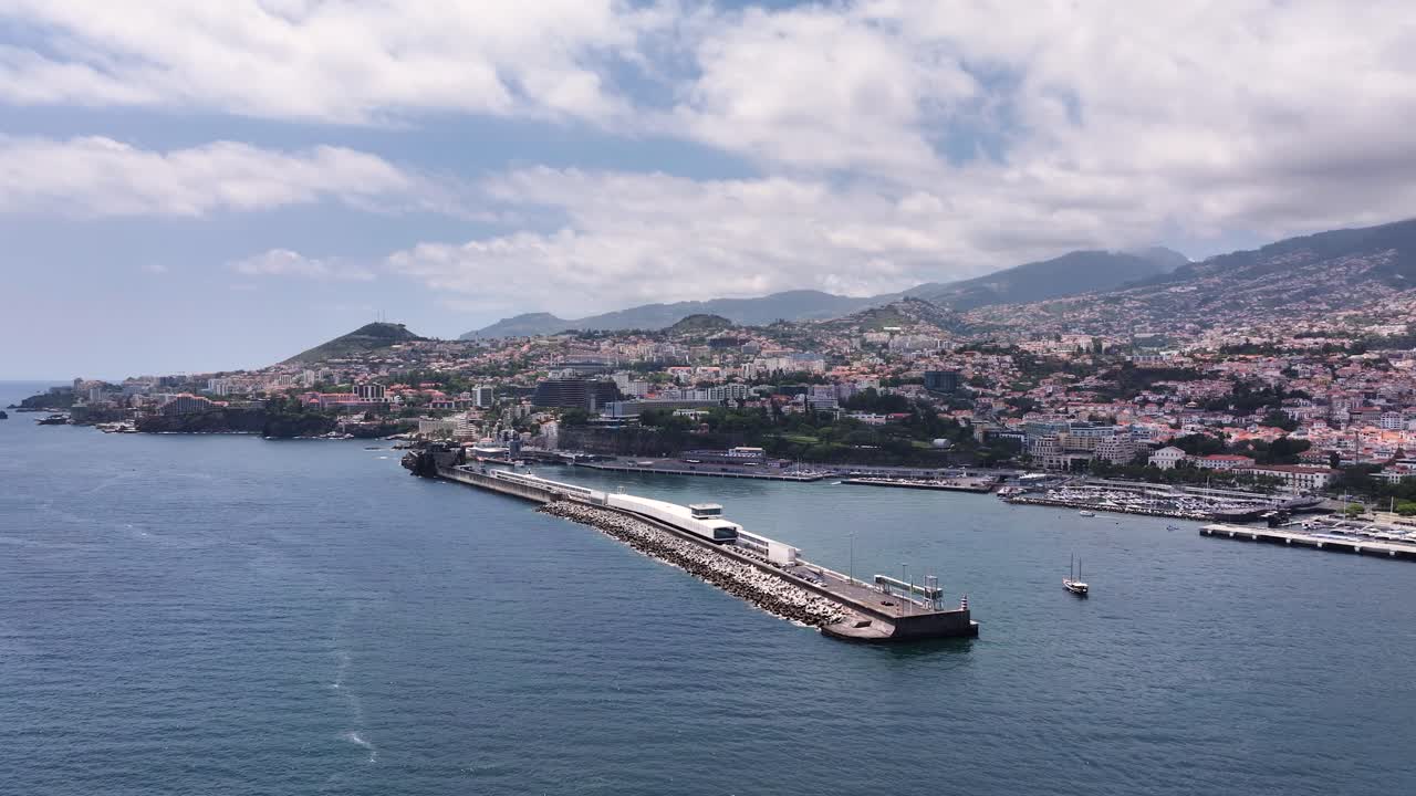 Aerial view of Port of Funchal with passenger terminal on breakwater, Madeira
