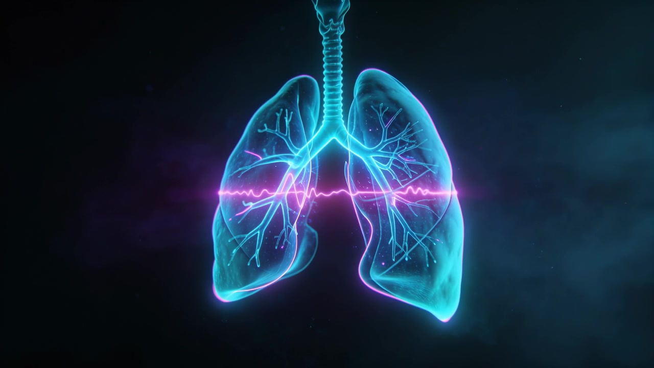 Bagliore ciano iniziale, polmoni e trachea che pulsano e si sincronizzano con uno studio ECG magenta che mostra la respirazione.