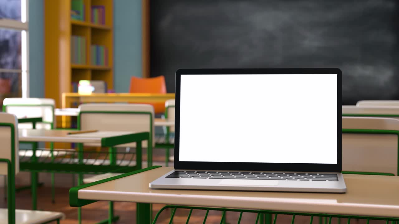Laptop moderno con schermo bianco vuoto posizionato su una scrivania, con un'aula scolastica sullo sfondo. Animazione 3D.