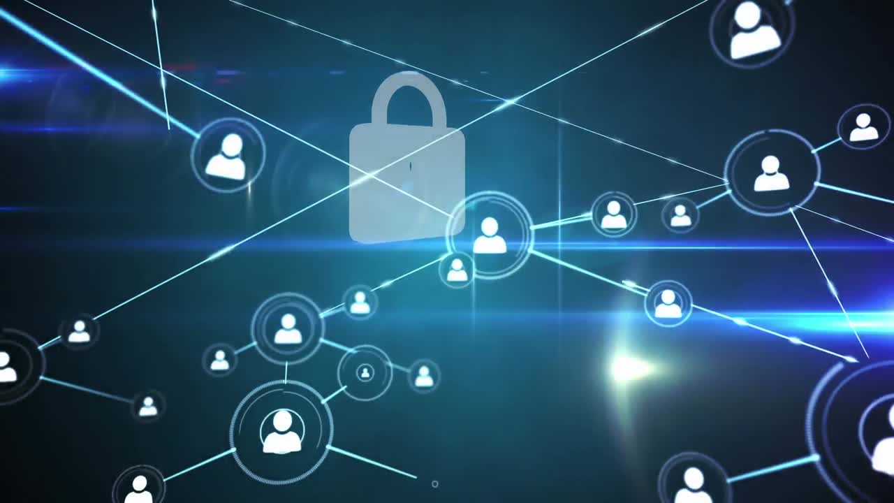 Digital animation of network of profile icons over security padlock icon on blue background