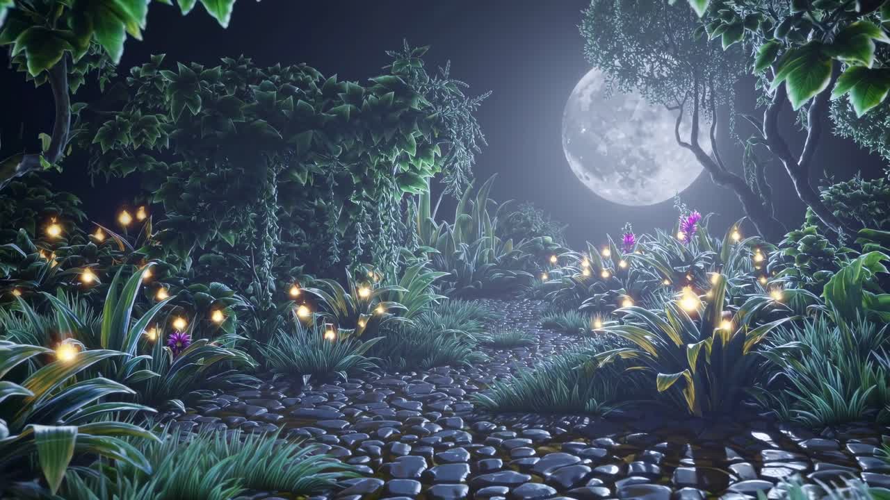 Un sentiero mistico nella foresta sotto una luna piena, ripreso in stile video dal basso, con piante luminose