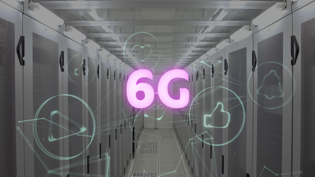 texto de neón rosa 6g y red de iconos digitales contra una sala de servidores vacía en el fondo