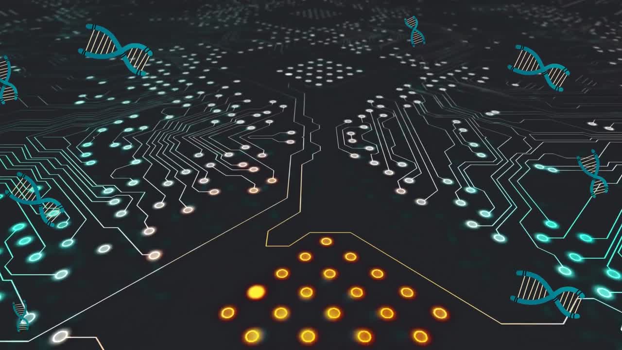 animación de cadenas de adn sobre una placa de circuitos de computadora sobre un fondo negro