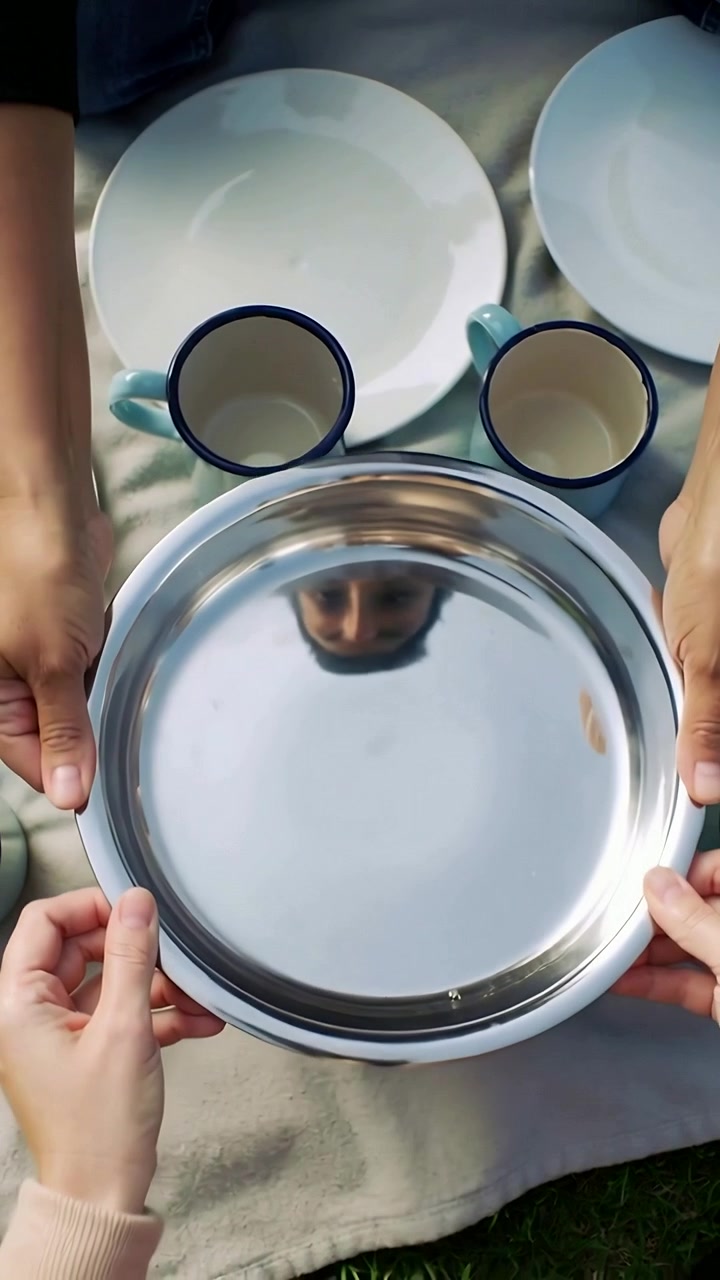 Vertical video: Placing steel tray two in jeans steadying on grass with blue mugs checking face