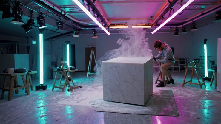 Skulpturering af en marmorkube i et neonstudie