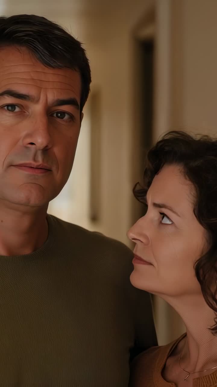 Vertical video: Shifting gaze woman seeking man's cue in hall, man lowering eyes olive knit pendant