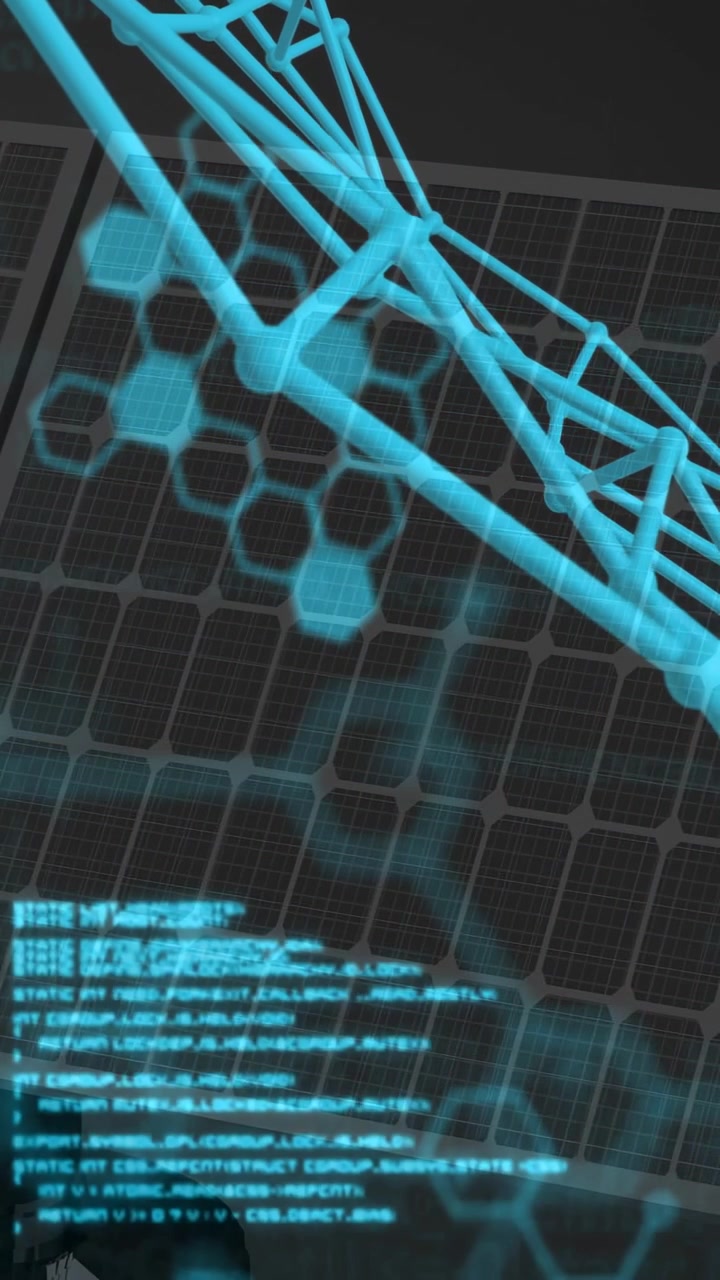 Vertical video: Simulation starting scan cyan truss rotating on solar grid HUD pulsing for analysis
