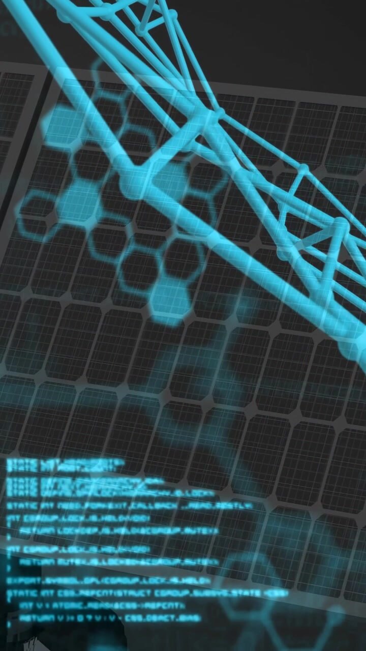 Vertical video: Simulation starting scan cyan truss rotating on solar grid HUD pulsing for analysis