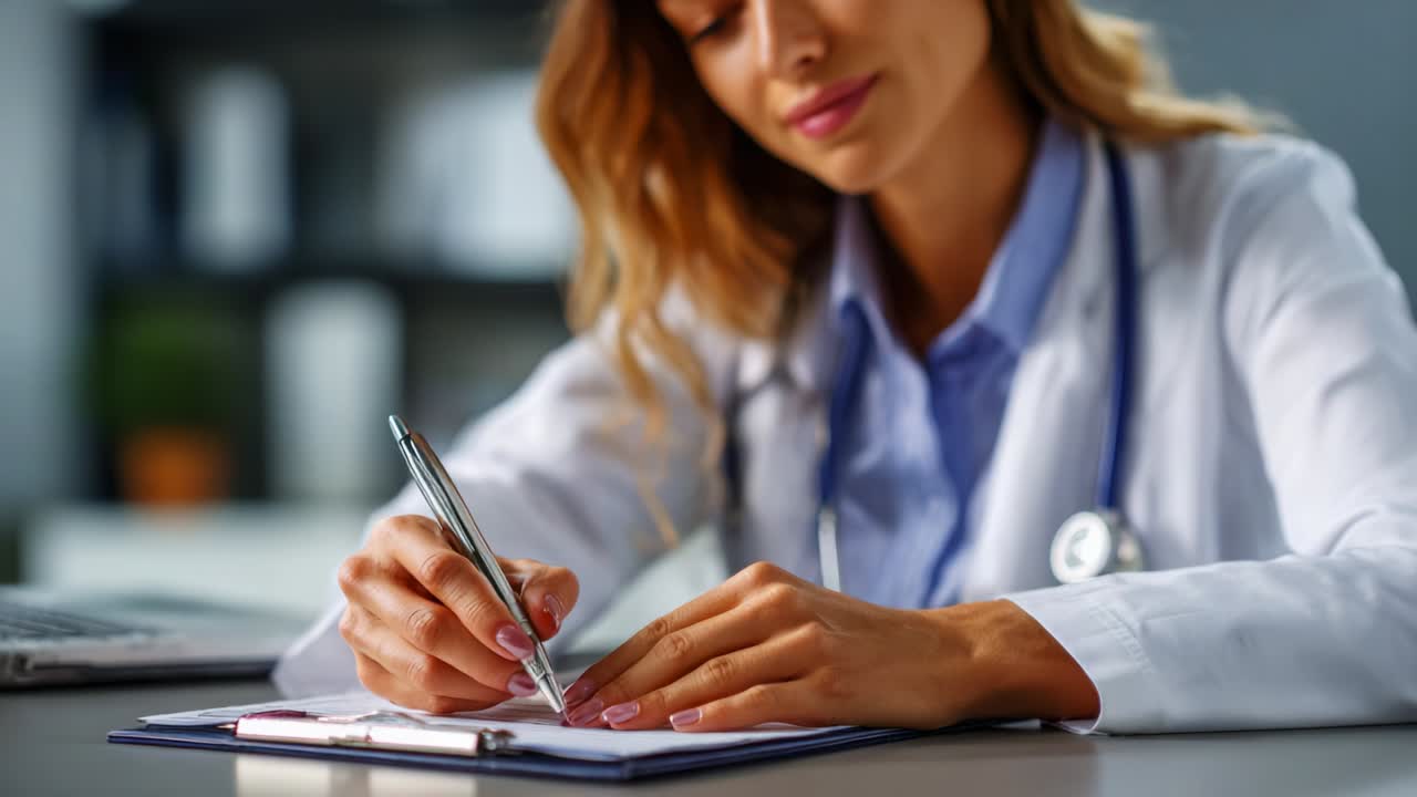 A healthcare professional, wearing a white coat, focused on writing notes while seated at a desk, emphasizing attention to detail and dedication in a clinical environment, signifying the importance of documentation