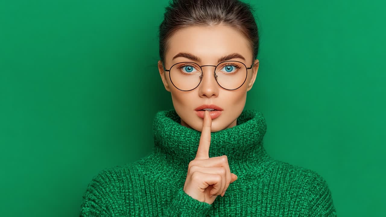 Un retrato cautivador de una mujer joven con llamativos ojos azules y gafas, vestida con un acogedor cuello alto verde, señalando silencio con un dedo en sus labios contra un fondo verde a juego
