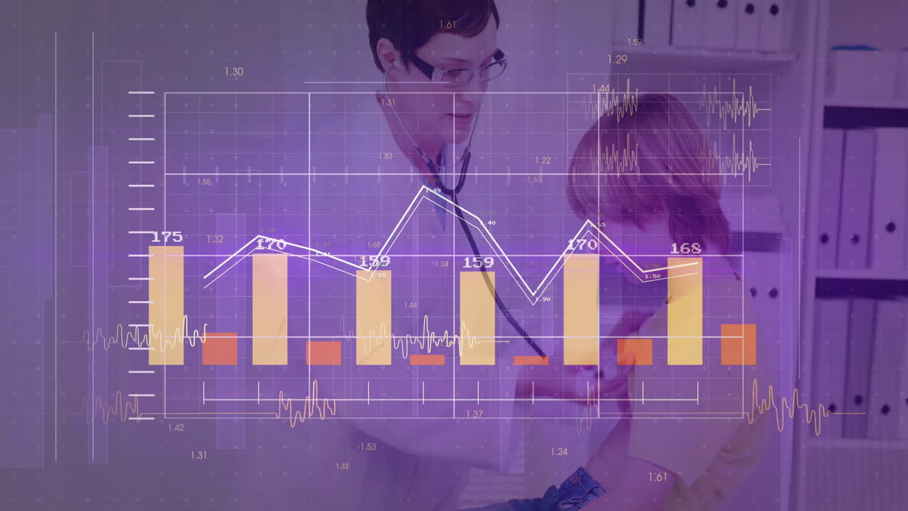 female doctor placing stethoscope on boy chest in pediatric clinic, showing health chart overlay