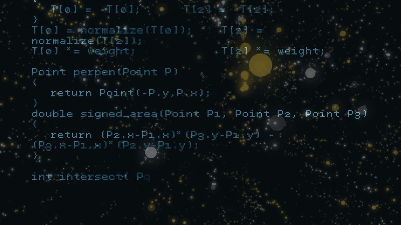 Animation of computer language moving over dots on black background