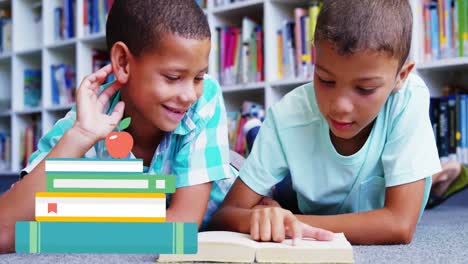 Animation-of-books-moving-over-happy-diverse-schoolboys-reading-book-at-school