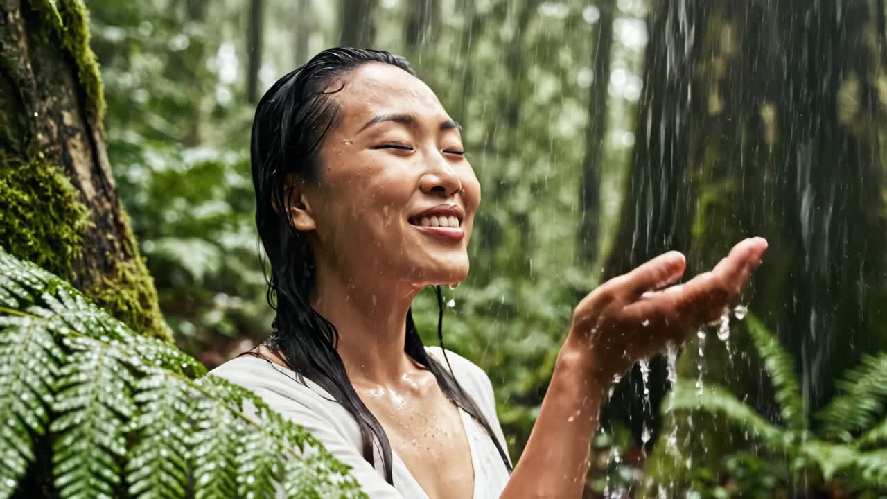 Woman Enjoying Rain in a Lush Forest