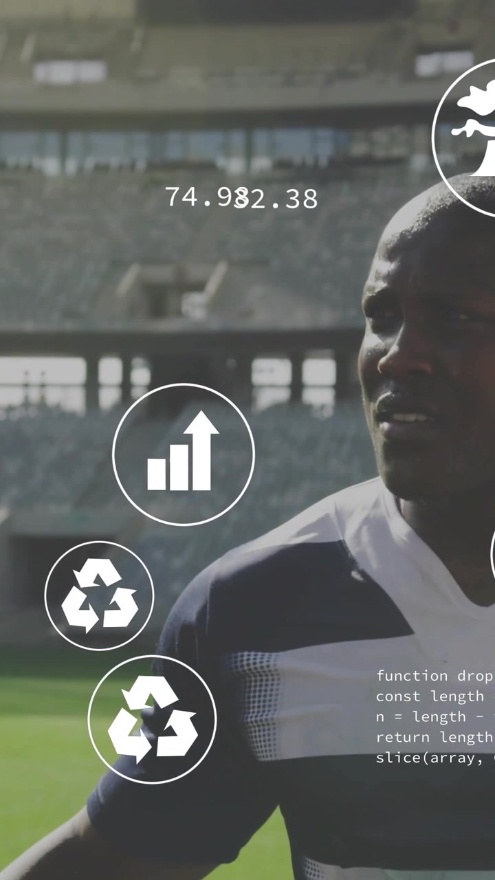 Vertical video: Man on right turning as data feed starting sports icons overlaying players for data
