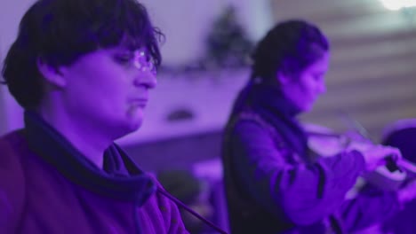 medieval musicians play music. vinnitsa, ukraine, march 2017: medieval musicians play music instruments, indoors