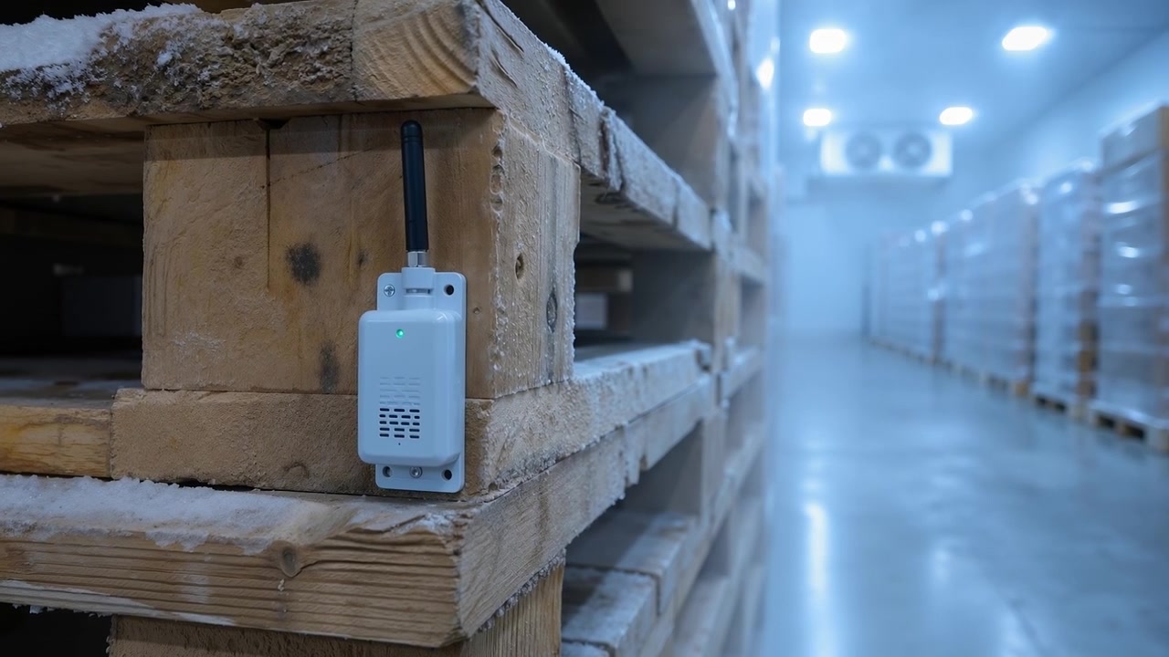 Datalogger elettronico montato su un pallet di legno all'interno di un magazzino frigorifero.