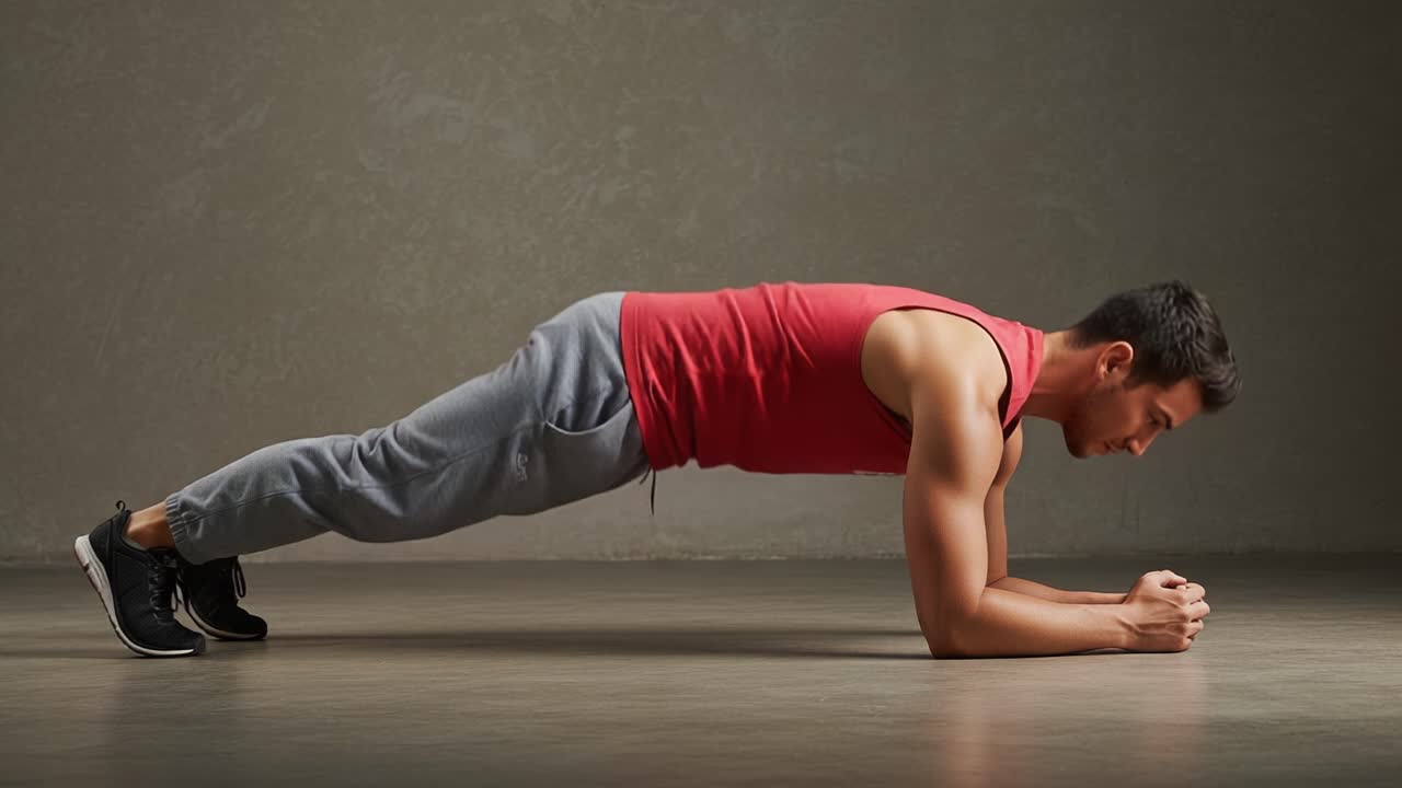A Fitness Enthusiast Demonstrating Proper Plank Technique to Enhance Core Strength and Stability in a Controlled Workout Environment
