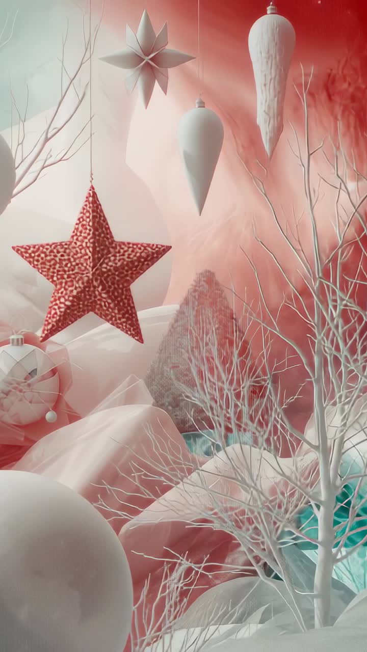 Vertical video: Panning camera revealing red star in festive display, white star and icicle swaying