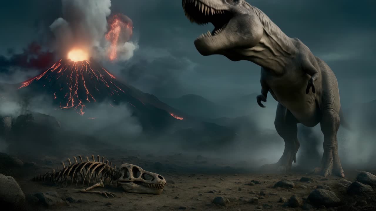 Witness a dramatic dinosaur encounter unfolding dangerously close to an erupting volcano