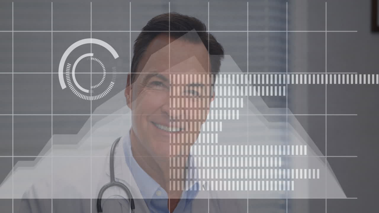 animación de círculos de carga y barras sobre un doctor caucásico sonriente sentado en una silla en el hospital