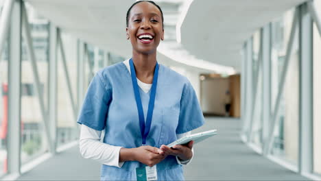 black woman, tablet and portrait of nurse happy