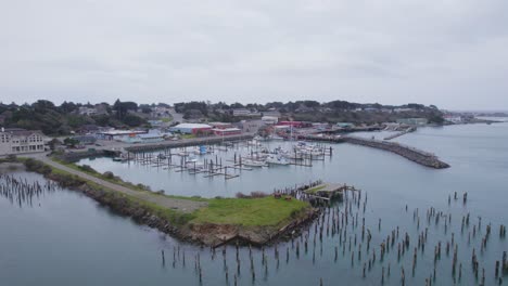 carro aéreo descendente sobre el muelle y el muelle durante la marea alta que exhibe barcos de pesca