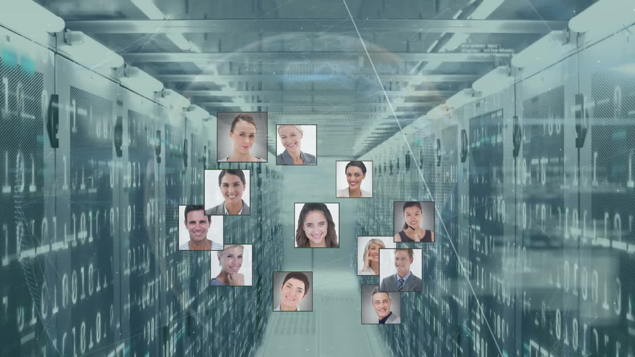 Animation of globe made of user photos rotating over data processing over servers
