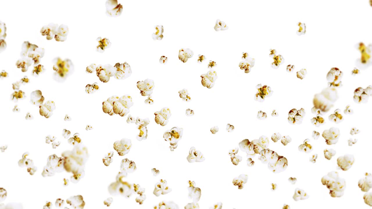 색 배경에 많은 팝콘을 날리는 색 소금 팝콘 건강한 음식 옥수수 씨 팝콘 회전의 3d 루프 애니메이션