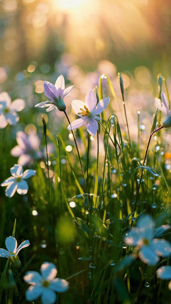 Close-up video shot of delicate flowers in a sunlit meadow, capturing a dreamy, ethereal atmosphere