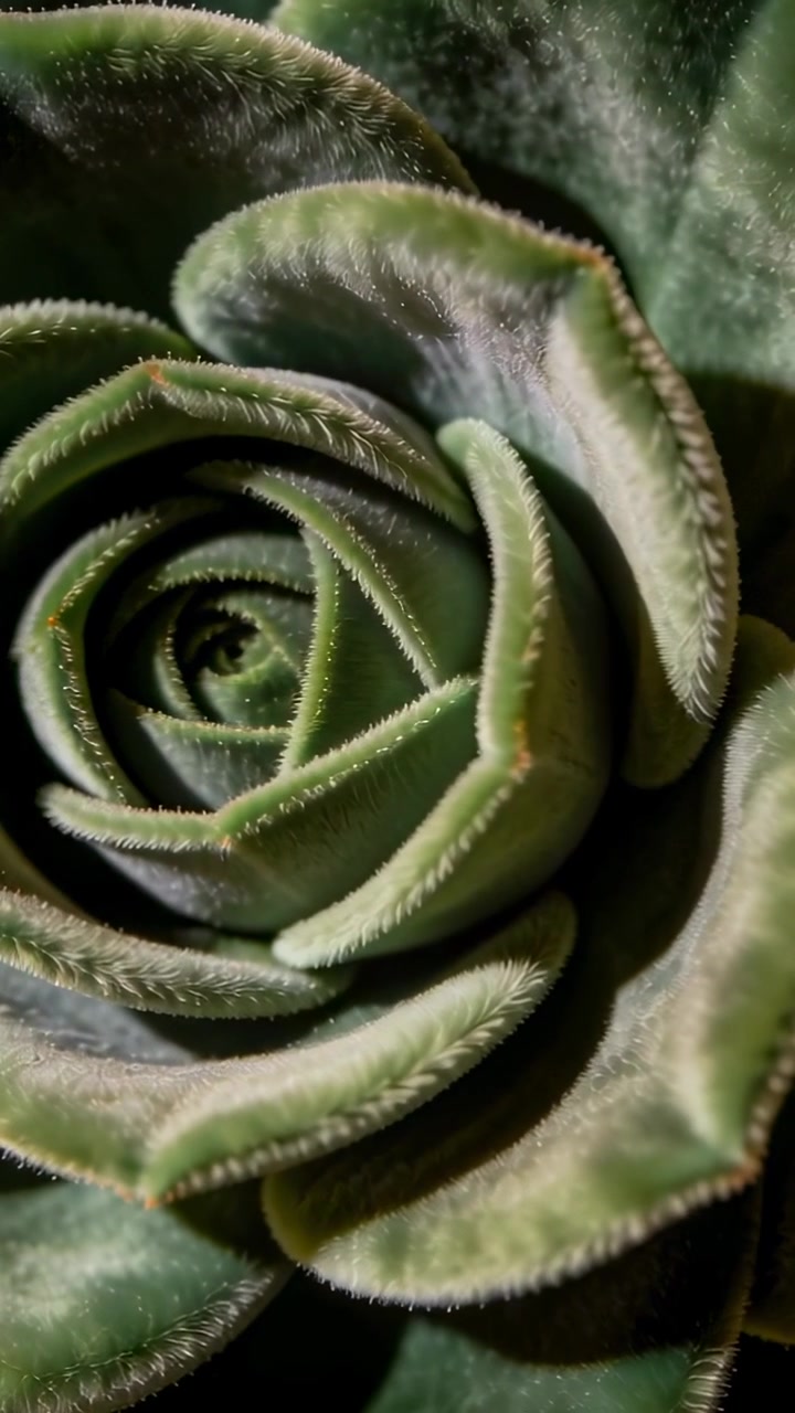 Vertical video: Gliding camera showing succulent rosette on dark tray to reveal trichomes