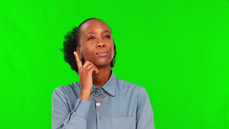 Green screen, thinking or black woman with ideas