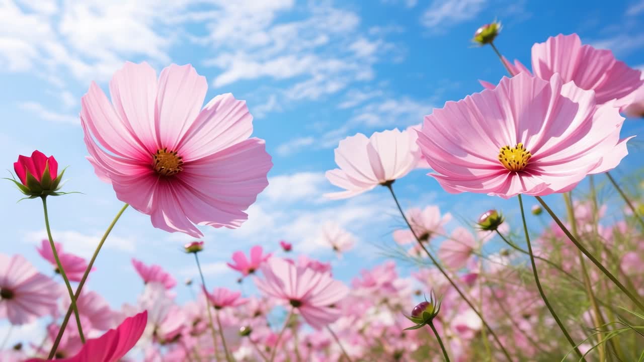 Low-angle video shot of pink cosmos flowers against a blue sky, capturing a serene and vibrant