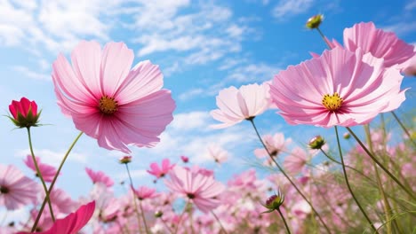 low-angle video shot of pink cosmos flowers against a blue sky, capturing a serene and vibrant