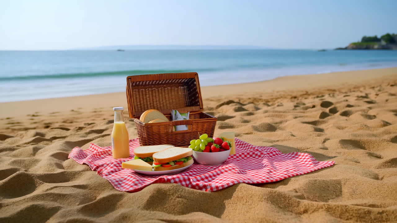 Strandpiknik på solrik sandstrand, kurv fylt med frokostvarer på rutete piknikteppe, frisk frukt