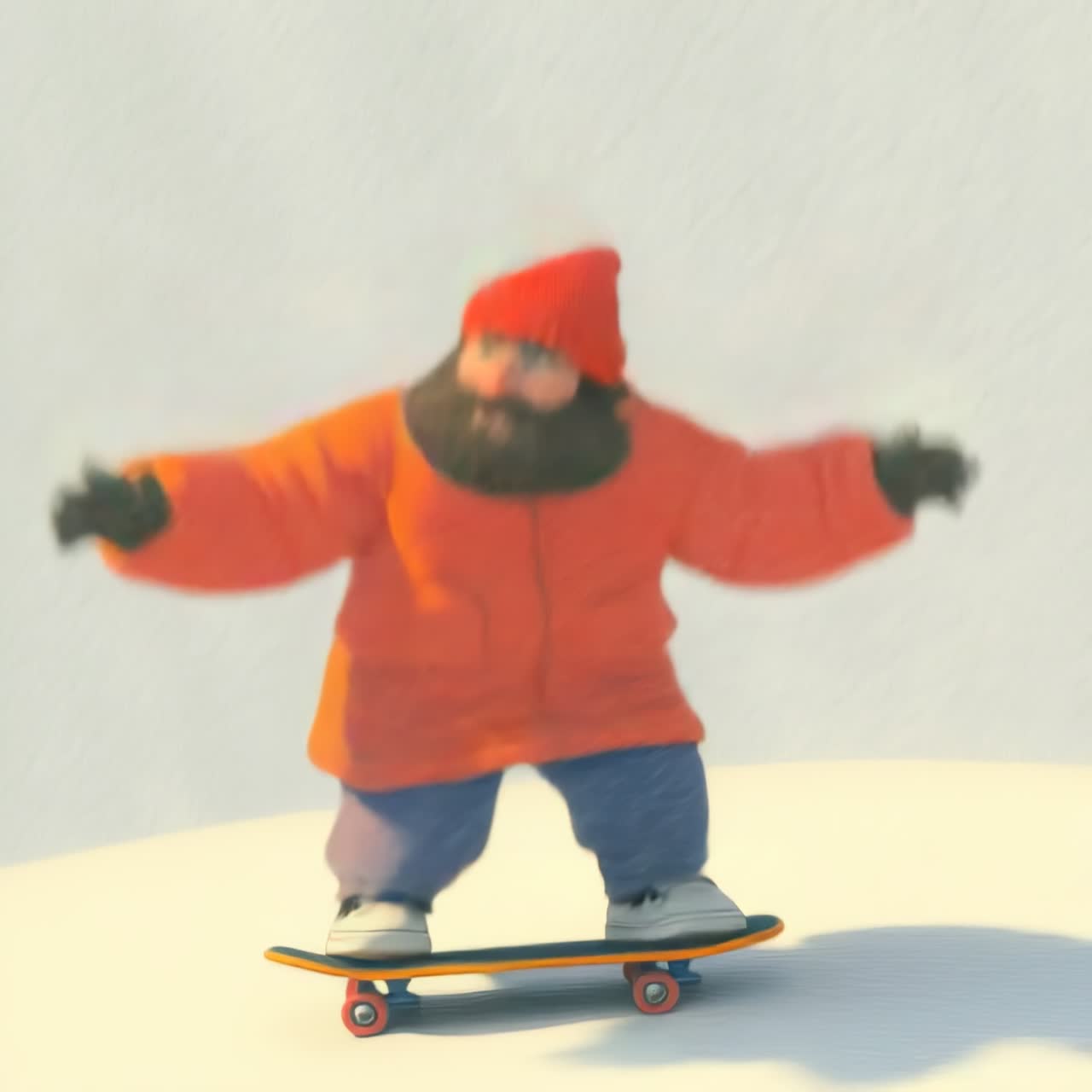 A dynamic, low-angle video shot of a bearded man in winter attire skateboarding on snow