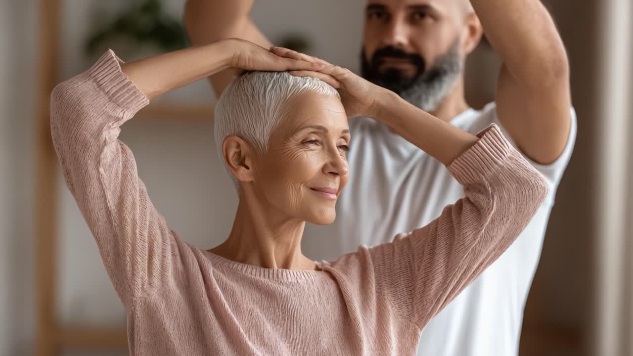 A Serene Moment of Connection: An Older Woman Engages in a Relaxing Session with a Man, Emphasizing Calmness and Well-Being Through a Harmonious Interaction