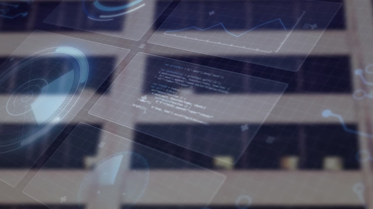 Upon appearing data panels animating over office facade shifting and morphing to visualize insights