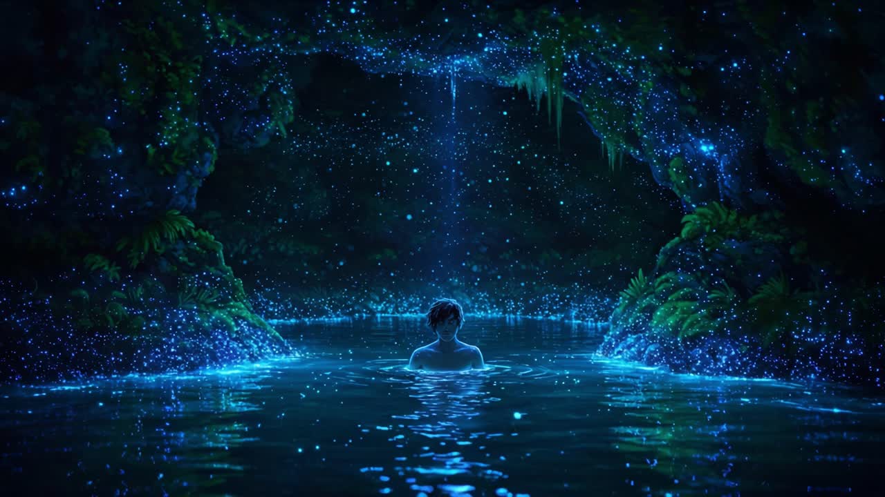 A Mystical Scene of Serenity: A Person Immersed in Glowing Waters Surrounded by Enchanting Nature and Sparkling Lights in a Hidden Cave