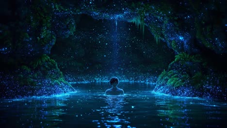a mystical scene of serenity: a person immersed in glowing waters surrounded by enchanting nature and sparkling lights in a hidden cave