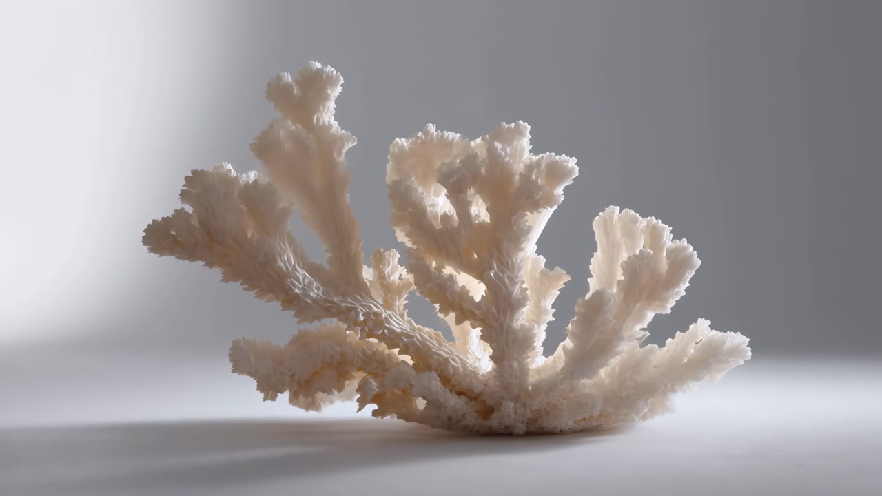 White Coral Specimen On Neutral Backdrop Soft Studio Lighting Accentuates Intricate Branching And Porous