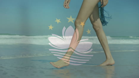 walking on beach, animation of macau flag over waves