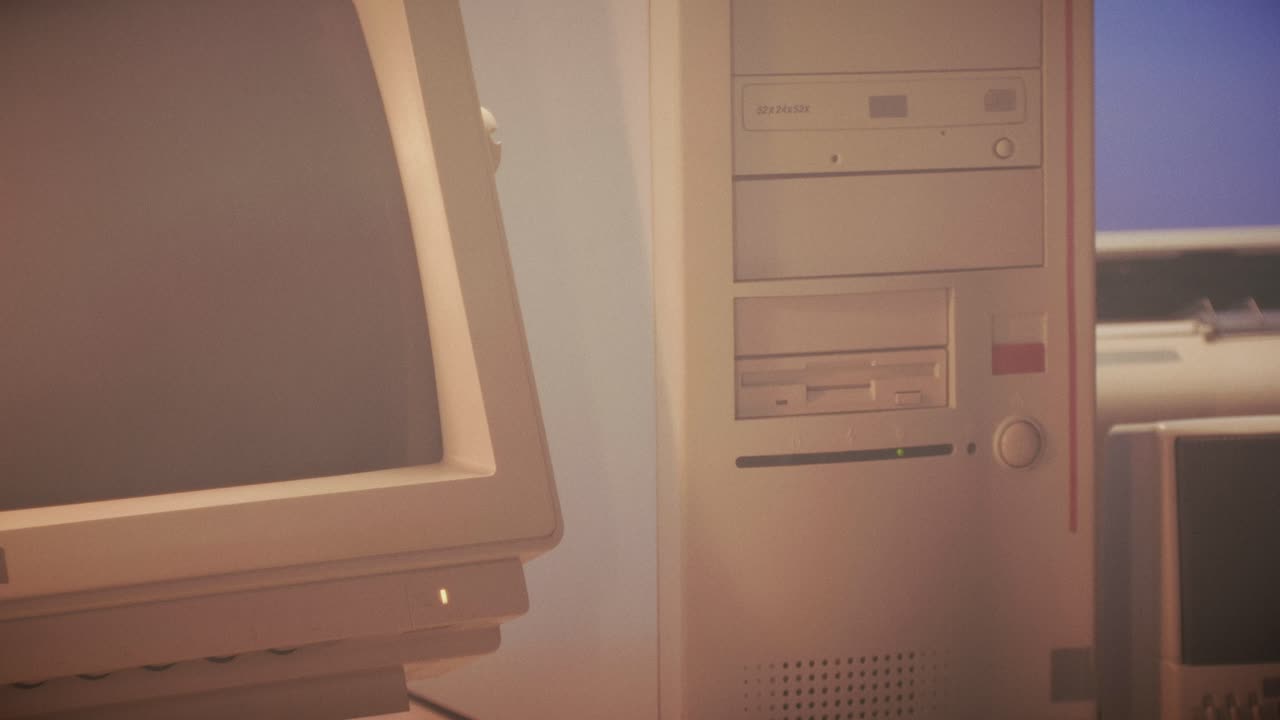 Retro pc computer gaming, Desktop vintage with loading code console, programmer making scripts, green basic screen, Old computer studio close-up, retro wave display, late 90s PC.