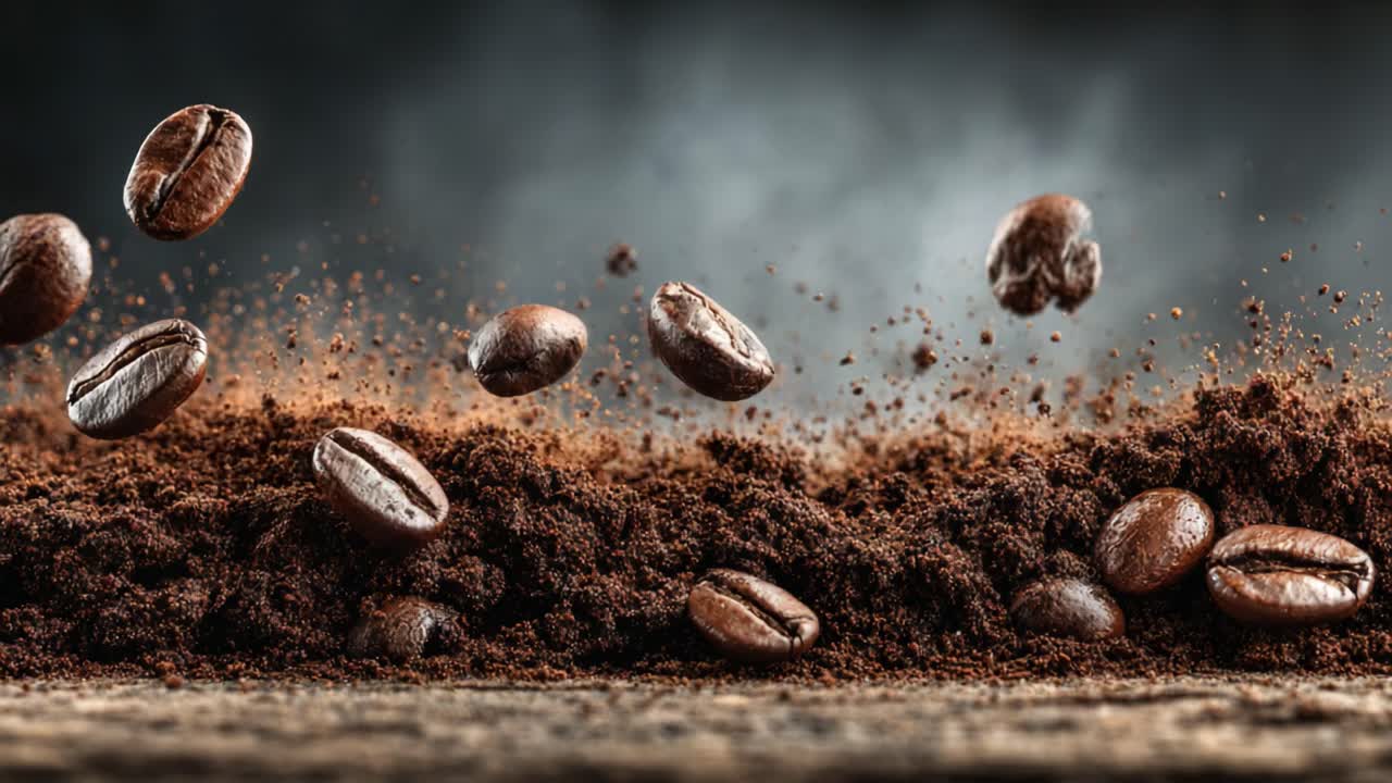 A Captivating Coffee Scene: Ground Coffee and Beans Merging in an Artistic Display of Rich Textures and Deep Aromatic Colors, Evoking the Essence of Freshly Brewed Joy