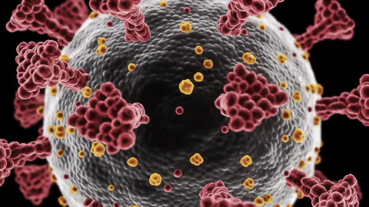 High Magnification Visual of a Viral Structure, Showcasing Surface Proteins and Genetic Material, Illustrating Dynamics of Viral Interaction at a Microbial Level