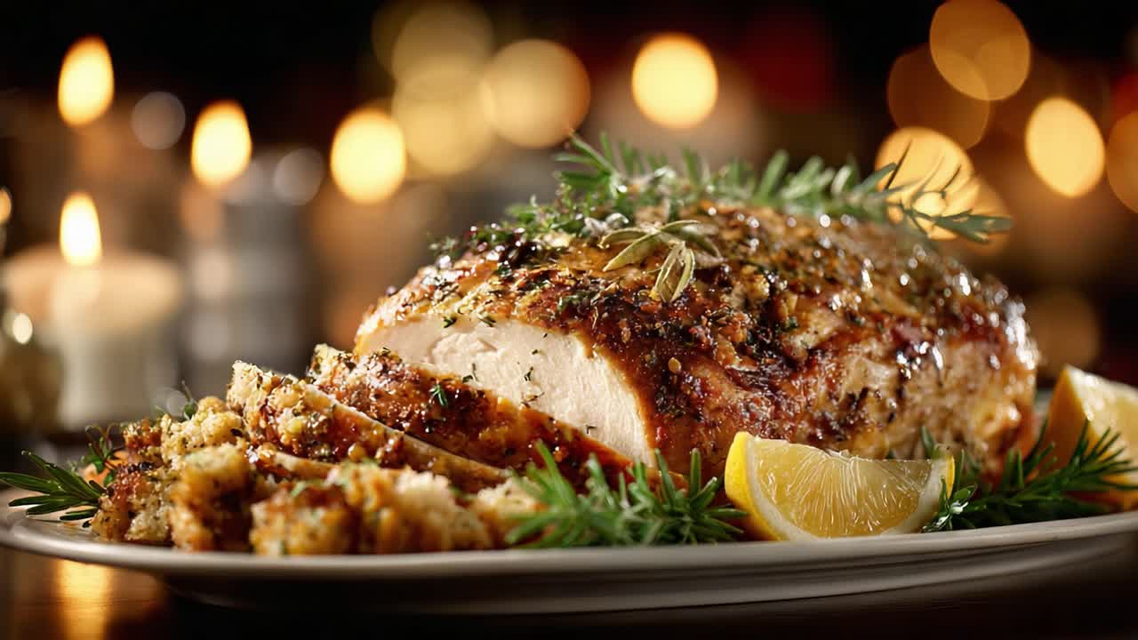 A beautifully roasted and garnished turkey breast served on a festive plate with lemon slices and savory stuffing, perfect for holiday gatherings and special occasions