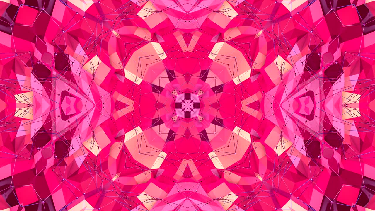 fondo abstracto geométrico rojo bajo como un efecto de vidriera o caleidoscopio en movimiento en 4k. animación 3d de bucle, imágenes sin costuras en el popular estilo bajo de poli. v20