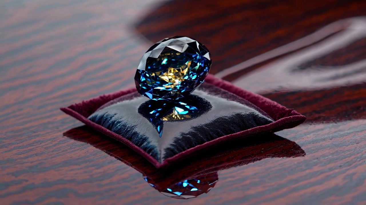Primo piano di un diamante blu scintillante su un cuscino di lusso